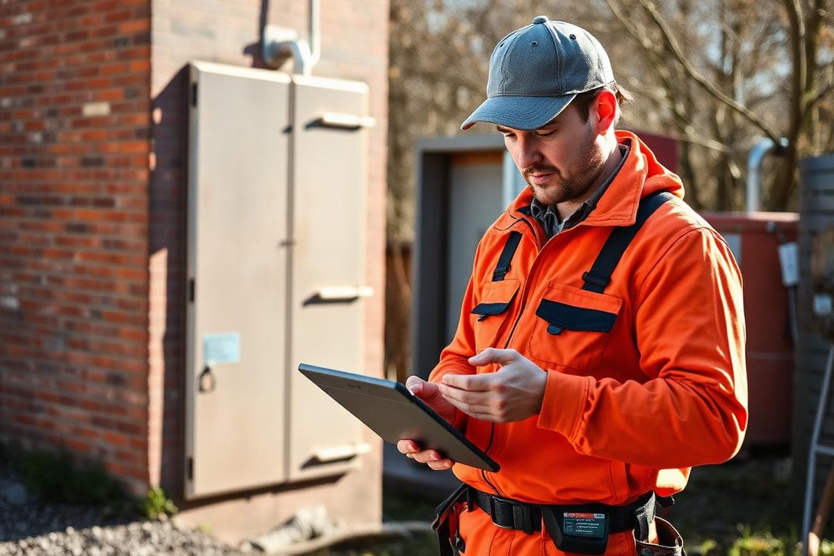 Photo d'illustration : artisan de Baives en tenue de travail consultant sur tablette le site internet de son entreprise devant son utilitaire — création de site internet à Baives (59132) par Sambre Web