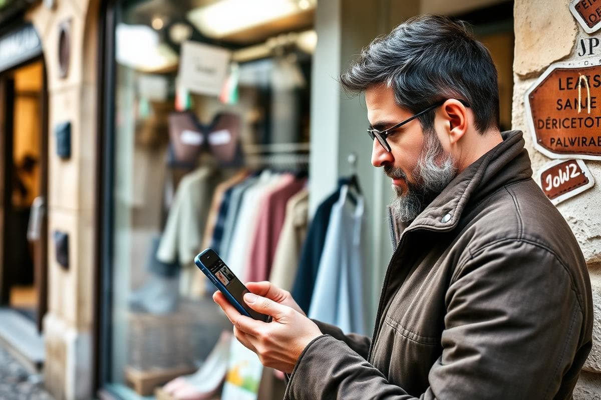 Photo d'illustration : commerçant de Assevent consultant depuis son smartphone le site internet de sa boutique devant sa vitrine — création de site internet à Assevent (59600) par Sambre Web