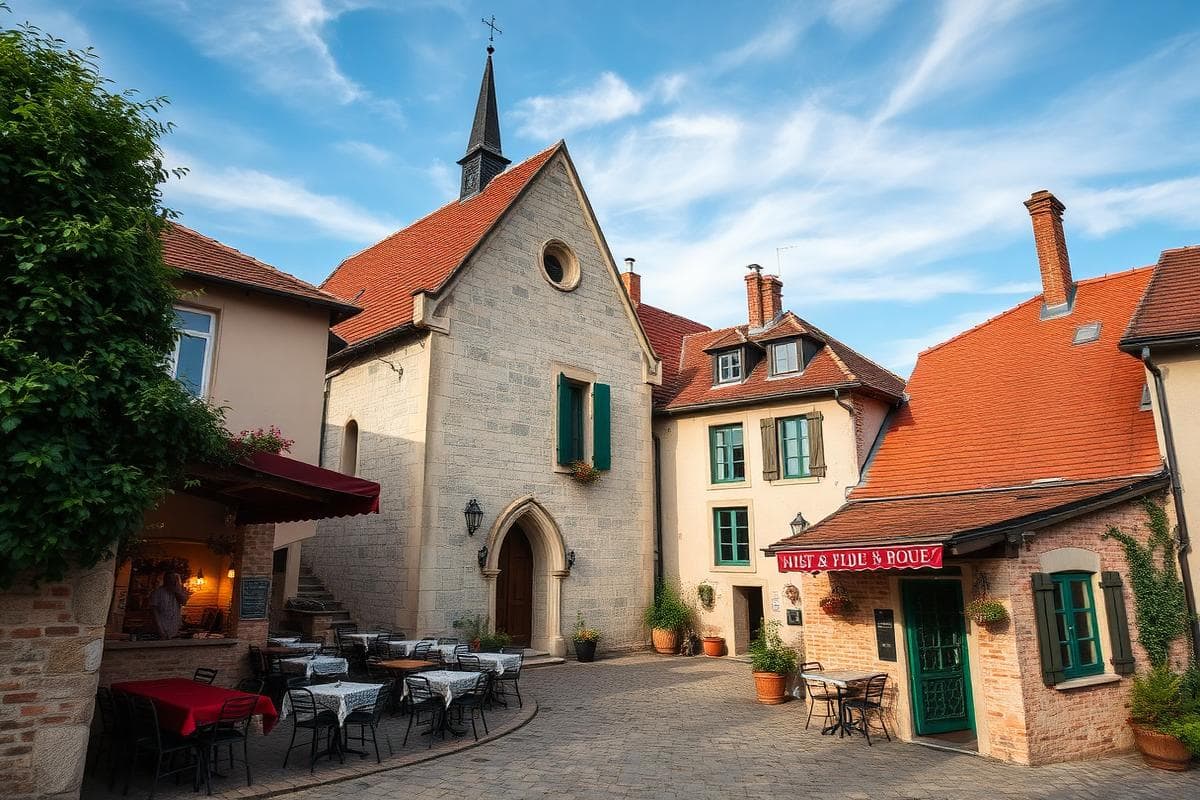 Photo d'illustration : place d'un village de l'Avesnois aux maisons de briques rouges, similaire au centre de Bachant, avec ses commerces et sa terrasse de restaurant — création de site internet à Bachant (59138) par Sambre Web